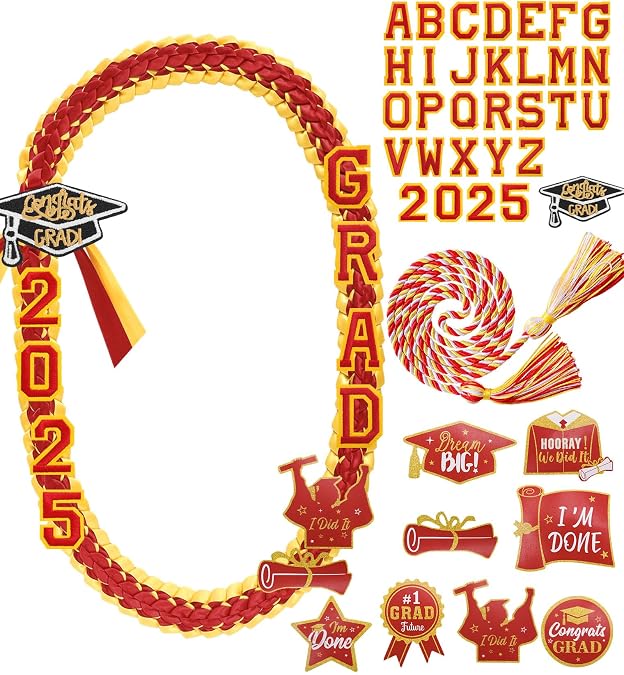 Graduation Lei Class of 2025 Money Leis for Graduation 2025 Ribbon Lei with Braided Necklace Glitter Patches for Him Her High School College Congrats Grad Gifts Party Supplies