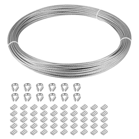 1/16" Stainless Steel 304 Cable Wire Rope 100FT and Aluminum Sleeve Thimble | 7x7 Strand Core Aircraft Grade Cable Wire Rope Marine with 50 Pieces Aluminum Sleeves and 12 Pieces Thimbles