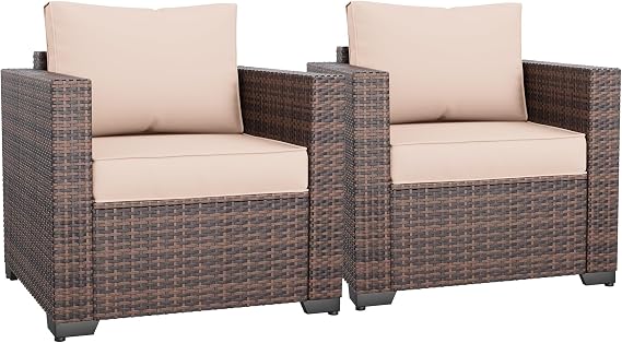 Amopatio Wicker Outdoor Sofa Single Armrest Chair 2 Pack, High Back Waterproof Patio Furniture with Non-Slip Cushions, Outdoor Furniture Cover, Khaki