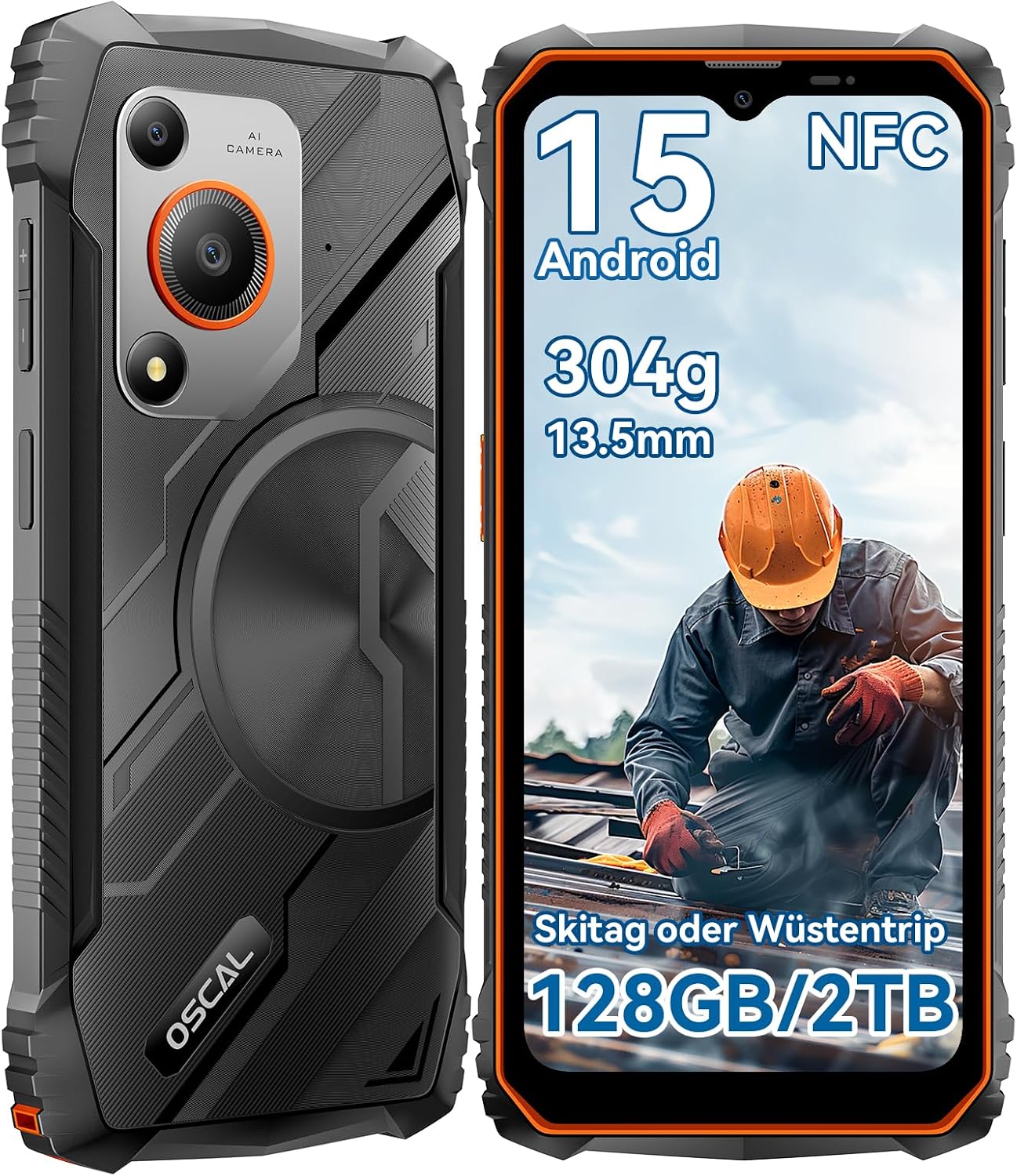 OSCAL Marine Shatterproof Android 15.12GB+128GB/2TB Shatterproof Smartphone 6.56 Inch HD+ 90Hz 16MP IP69K/Dual SIM/NFC/GPS/