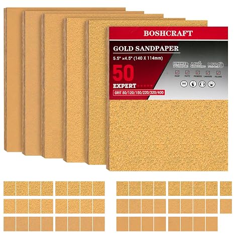 BOSHCRAFT 50 Pcs 1/4 Sheet Sand Paper 5.5" x 4.5" 80/150/320/400 Grit 8 Sheets Each, 120/220 Grit 9 Sheets Each, Premium Aluminum Oxide Sandpaper Assortment for Wood Metal Automotive Palm Sanders