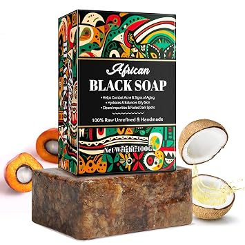Organic African Black Soap, African Soap for Acne & Dark Spots, Raw Black Soap Bar for All Skin Types - Face, Body, Hair, 3.53 oz