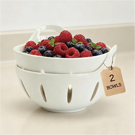 Ceramic Berry Basket Set of 2 6-Inch Fruit Colander Bowls with Drain Holes, Modern Stoneware Design, Dishwasher Safe (White)