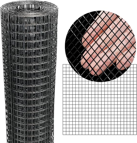Black Hardware Cloth 12'' x 10' PVC Steel Vinyl Coated 1/2 inch Galvanized Wire Mesh Roll (19 GA) Chicken Wire Fence Roll, for coop Fences,Screen mesh, Rabbit/Snake Fences, Poultry enclosures, etc.