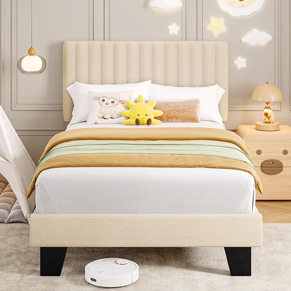Feonase Twin Bed Frames with Upholstered Headboard, Linen Platform Bed Frame with Wooden & Metal Slats Support, Storage Space Under Bed, No Box Spring Needed, Easy Assembly, Beige
