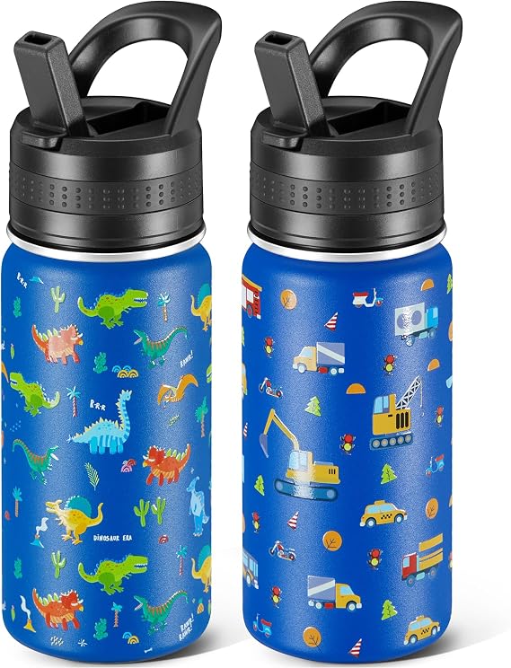 2 Pack Kids Water Bottle,14 Oz Stainless Steel Water Bottle with Straws, Leak-Proof, BPA-Free, Insulated Water Bottles for School Boys & Girls|Blue Car + Blue Dinosaur