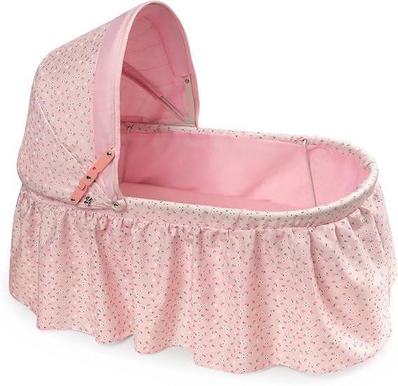 Badger Basket Folding Doll Cradle with Hood & Bedding - Pink/Rosebud | Folding cradle fits 1822" dolls; hood, soft bedding, portable design & pink rosebud fabric for pretend play.