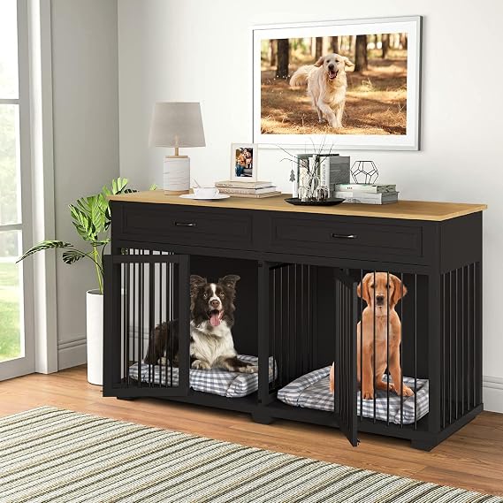 Timechee Large Dog Crate with Double Rooms, 72" Heavy Duty Wooden Dog Cage Furniutre Dog Crate Kennel w/Drawers & Removable Divider,Indoor Luxury Dog House for Large Dogs,Black