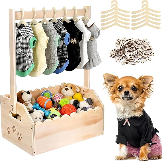 Wooden Pet Wardrobe Closet for Small Dogs and Cats - with 10 Hangers & Personalized Alphabet Letters - Space Saving Pet Clothes Organizer for Toys, Accessories - 13.5"x9.1"x20"