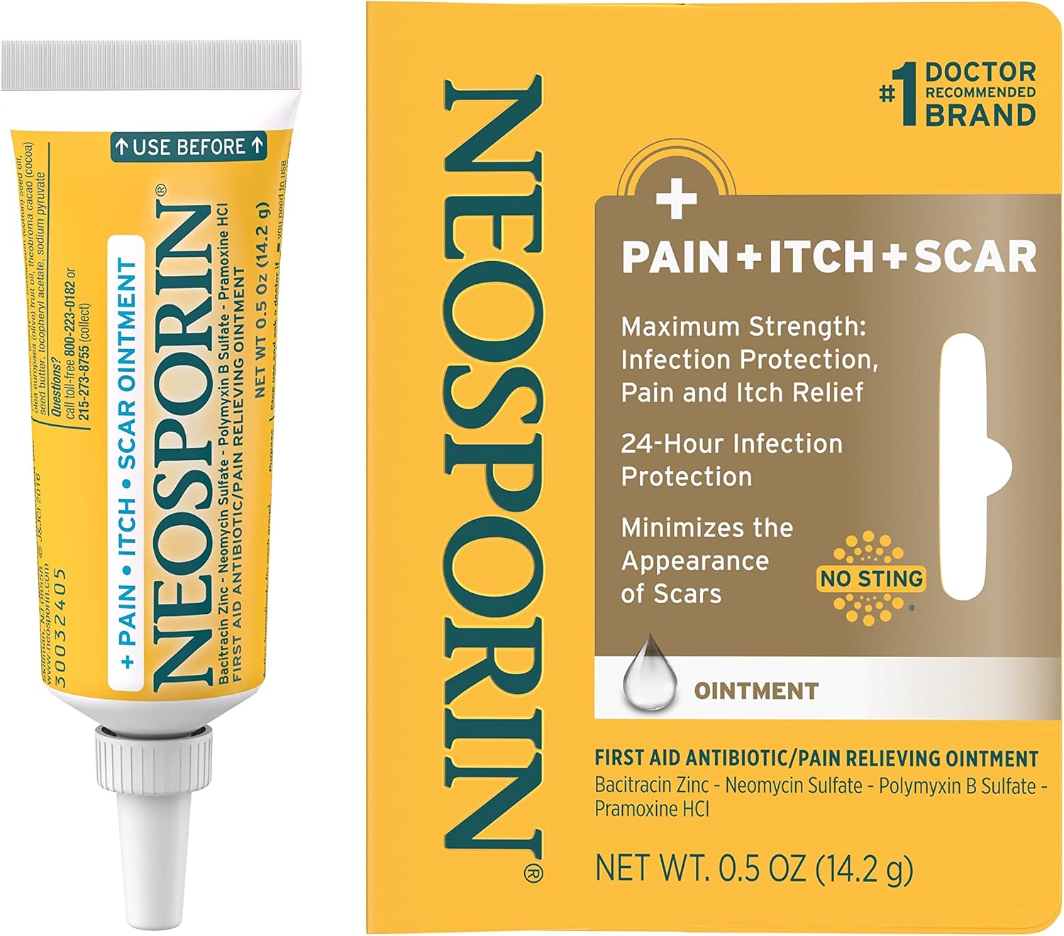 Neosporin Antibiotic Pain-Relieving, Anti-Itch, Scar Appearance Minimizer Ointment with Neomycin & Bacitracin Zinc, 24-Hour Infection Protection for Minor Cuts, Scrapes & Burns,.5 oz