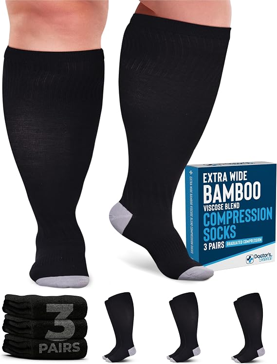 Doctor's Select® 3 Pairs Plus Size Compression Socks Wide Calf - Bamboo Viscose Knee High Socks | Circulation Support