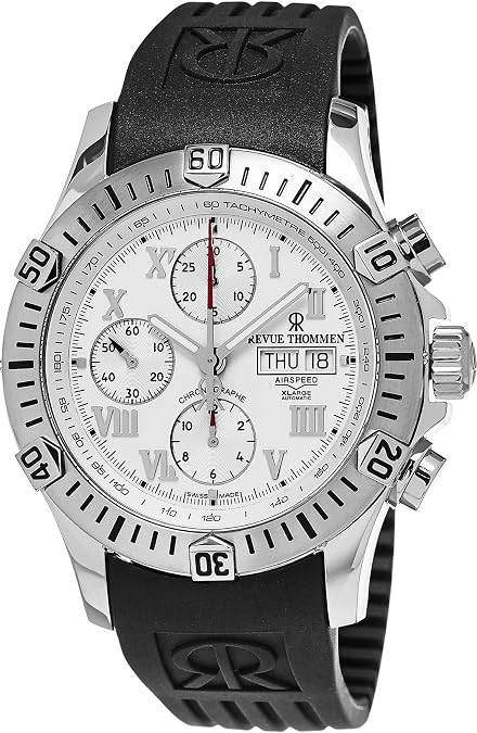 Revue Thommen Airspeed XLarge Diver - Silver Dial Chronograph Day Date Watch Mens - Black Rubber Band Swiss Automatic Watch 16071.6838