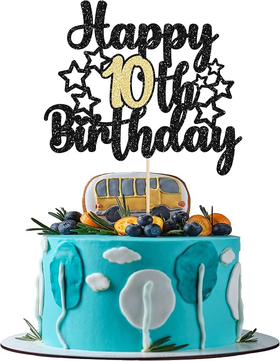 Gyufise Happy 10th Birthday Cake Topper, 1Pc Black Gold Glitter Cheers to 10 Years, Premium Material, Food-Grade, for Birthday Anniversary Party Supplies
