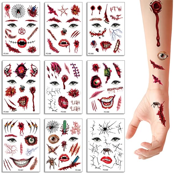 9PCS Halloween Prank Makeup Temporary Tattoos, Zombie Bloody Scars 3D Fake Wound Stitch Scabs Scary Face Tattoos Makeup Sticker Prank Props for Cosplay Party (2#)