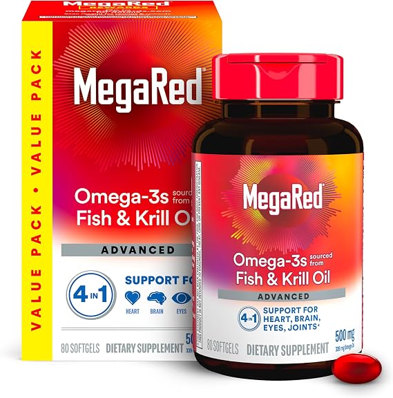 MegaRed Omega 3 Fish Oil & Antarctic Krill Oil Softgels for Brain, Heart, Joints & Eye Support, (80 Count Bottle), Concentrated Omega 3 Fatty Acid Supplement with EPA, DHA, Phospholipids