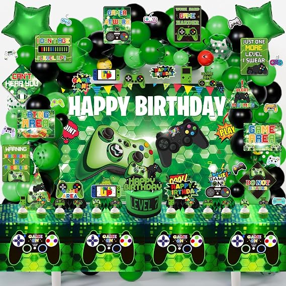 Gamer Birthday Party Decorations, Green Video Game Gaming Birthday Party Supplies Decor with Backdrop, Sticker, Balloons, Cake Toppers, Tablecloth, Centerpieces, Hanging Swirls, Wall Signs
