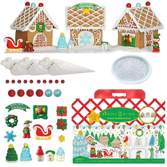 Christmas Cookie House Decorating Kit - Mini Village Trio with 3 Pre-Baked Houses, Icing, Glittery Sugar & Edible Decorations, Nut-Free & Made in USA