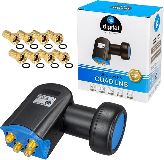 HB-DIGITAL Quad LNB LNC 4 Subscribers Direct Full HD TV 3D 4K Black + Gold-Plated Contacts + Weather Protection (Extendible) in Set with 8 F-Connectors Gold-Plated