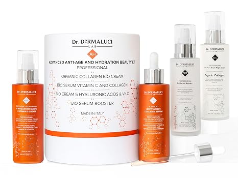 Dr. Dermaluci Lab Gift Set Women Men Mum Birthday Anti-Ageing - Care Tone Radiance - Vitamin C Marine Collagen 5 Hyaluronic Acids Retinol - AIAB Organic Made in Italy - 400 ml