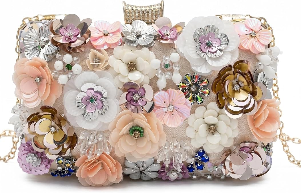 Floral Evening Bag for Women,Beaded Clutch Purse with 3D Sequins and Rhinestones,Elegant Flower Beaded Bag with Detachable Chain for Wedding, Party, Cocktail Formal Events