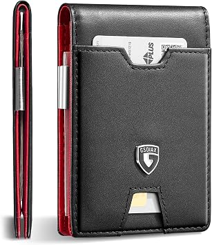 GSOIAX Men's Slim RFID Blocking Leather Wallet with Money Clip | Minimalist Carbon Fiber Bifold Credit Card Holder | 11 Card Slots | Gift Box Included, Leather red, Classic