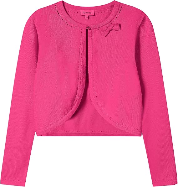 Girls' Cropped Long Sleeve Knitted Bolero Cardigan with Bowknot Button Closure - Kids' Shrug Sweater Jacket Outwear