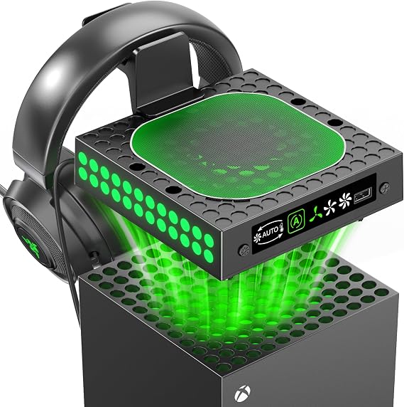 XBX Series X Cooling Fan Dust Proof with Auto Mode, for Xbox Series X Console with LED Lights, Built-in AUTO Adjustable Fan Cooling System, Xbox 360 Console Cooler, Game Accessory with Headset Holder