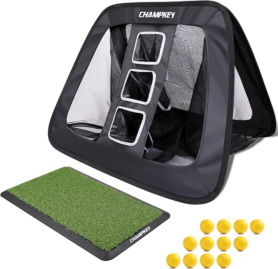 CHAMPKEY Double -Sided Golf Chipping Net with Mat and 12 Foam Balls - Professional Golf Practice Net Ideal for Indoor and Outdoor Training