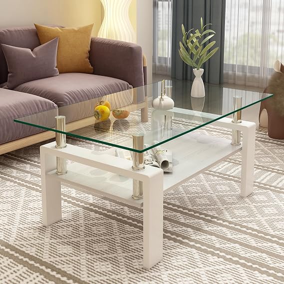 KUIKUI Coffee Table, Coffee Tables with Storage, Living Room Coffee Table, Rectangle Modern Coffee Table, Transparent and White