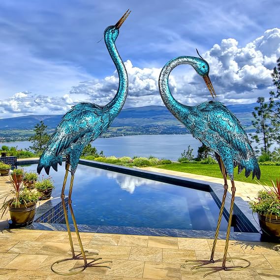 Kircust Blue Heron Garden Sculpture Metal Crane Yard Art Set of 2
