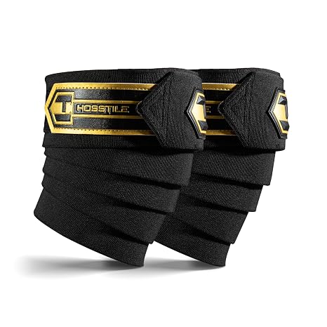 HOSSTILE Heavy Duty Knee Wraps (Pair) Stiff, Durable Cotton-Polyester Blend, Hook and Loop Fastener, Reinforced Stitching for Stability & Compression for Bodybuilding & Powerlifting
