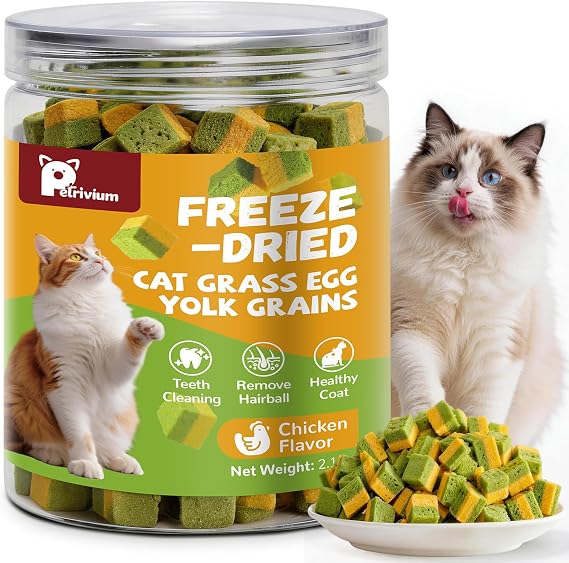 Cat Grass Treats for Indoor Cats, 60g Freeze-Dried Cat Grass & Egg Yolk Treats - Feline Grass Trets for Hairball Control and Healthy Coat, Chicken Flavor