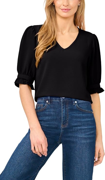 CeCe Women's Ruffle Cuff Elbow Sleeve V-Neck Blouse