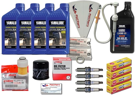 Yamaha OEM 2000-2005 F115 Outboard Maintenance Kit - 10W-30 Oil Change (4 Qt), Lower Unit Gear Lube, Oil Filter, Fuel Filter 68V-24563-00-00, NGK Spark Plugs (4), Drain Gaskets, Pump