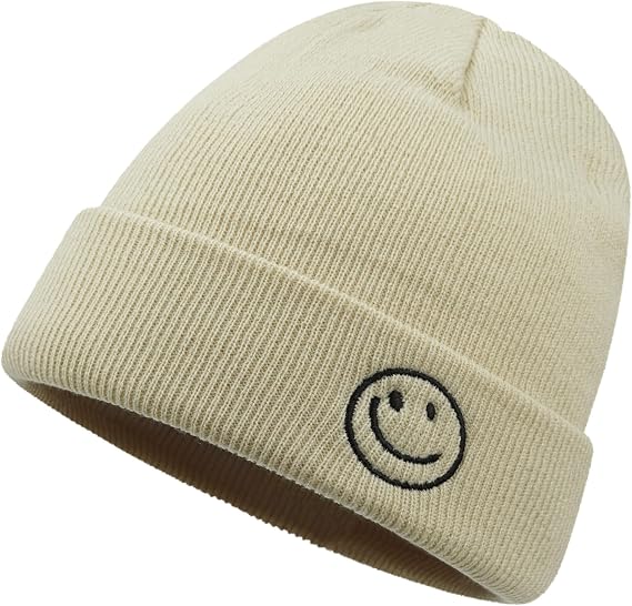 CLAPE Beanie Hat for Men, Cute Embroidery Smiley Face Winter Hat Women Outdoor Ski Snowboarding Knit Cuffed Fisherman Beanie