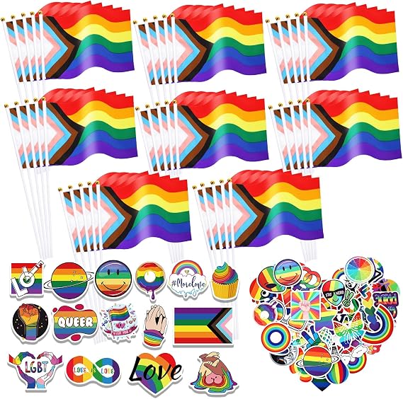 90Pcs LGBTQ Accessories, 40 Pack Progress Rainbow Pride Flag Set | 40pcs Small Handheld Gay Flag, for Parades & Festivals, 50pcs Assorted LGBTQ Stickers