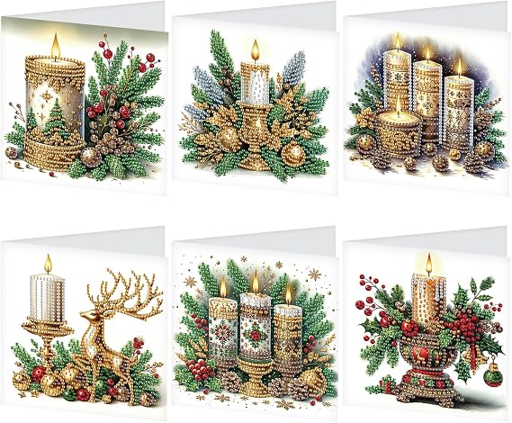 Set of 6 Christmas Diamond Painting Cards Christmas Candles Diamond Painting Birthday Cards Mosaic Craft Set Adult Greeting Cards Crystal Art Thank You Cards Greeting Cards with Envelope