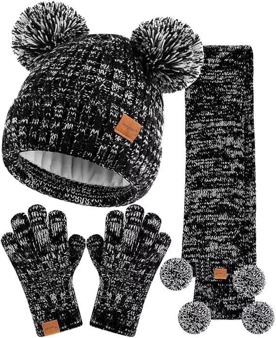 Kids Winter Hat Gloves Scarf Set, Girls Toddler Children Beanie with Pom Knit Neck Warmer Gaiter Mittens Fleece Lined Set(Black Mix)