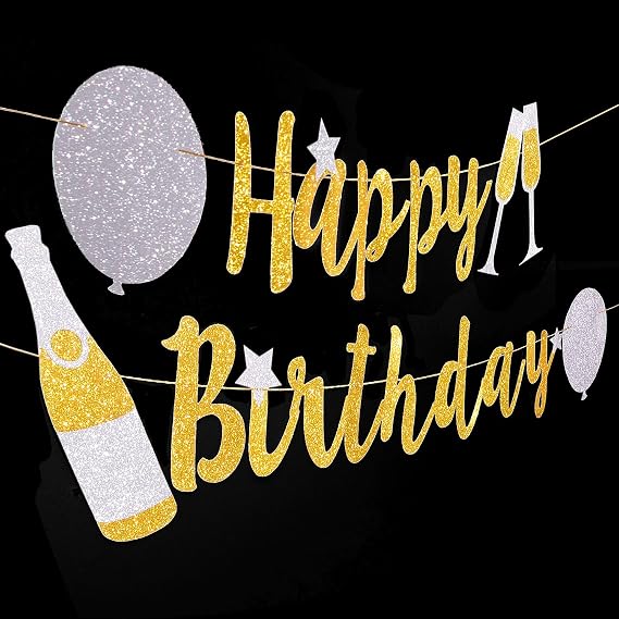 Birthday Decorations Banner by Aliza | Bday Decor Huge 8-feet Long Gold Silver Birthday Supplies Glitter Sparkling Sign Garland The Perfect Decoration for a Party