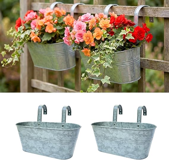 LaLaGreen Hanging Rail Planter (11.2 in, 2 Pack) Silver Metal Fence Pot