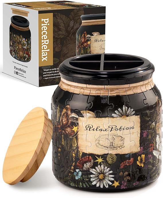 PieceRelax 3D Puzzle Jar 96 Plastic Pieces for Adults - Relax Potion - Use Includes Divider as Pen and Utensils Holder with Wooden Lid for Kitchen Dining Study Living Room Large [BB1041]