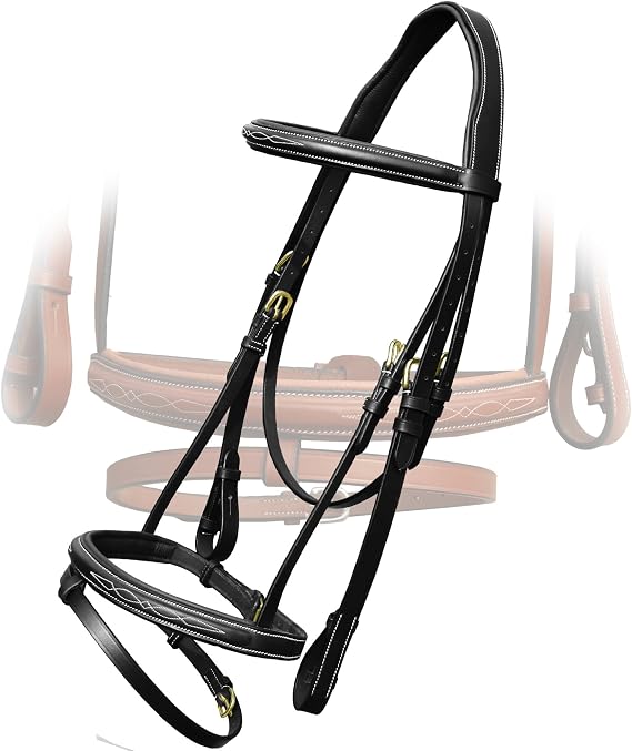 Exion English Jumping Bridle with Flash & Rubber Reins Anatomical Padded Horse Bridle Premium Leather Designer Stitched Hunter Jumper Tack Brass Buckles Pony, Cob, Full, Warmblood