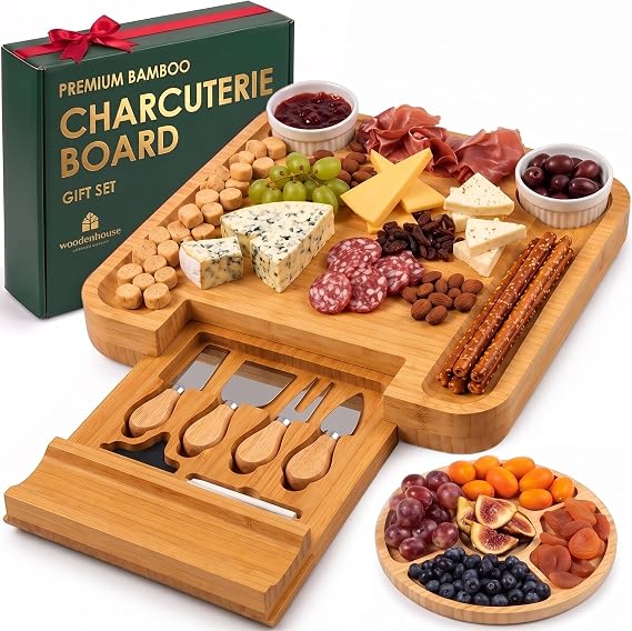 Bamboo Charcuterie Boards Gift Set - Meat and Cheese Tray with Utensils | Fruit Server & 2 Sauce Bowls Included House Warming, Wedding & New Home Present