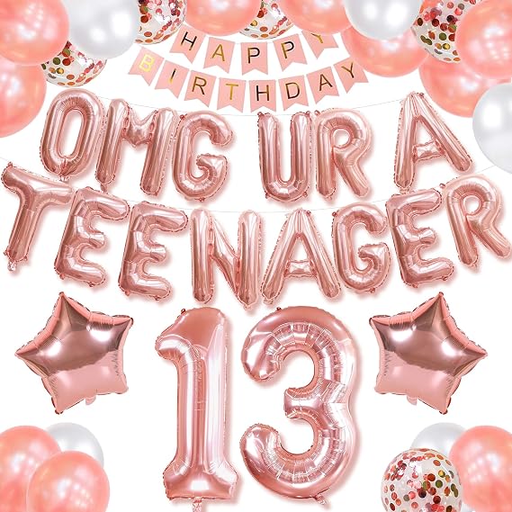 Omg Ur A Teenager 13th Birthday Decorations - Girl's Thirteenth Birthday Party Decorations with Rose Gold Balloons