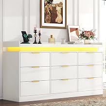 9 Drawer Dressers for Bedroom, White Dresser with LED Light and Power Outlet, Modern Large Dresser &amp; Chests of Drawers, Wood Triple Wide Dressers for Bedroom, Living Room, Entryway, Hallway