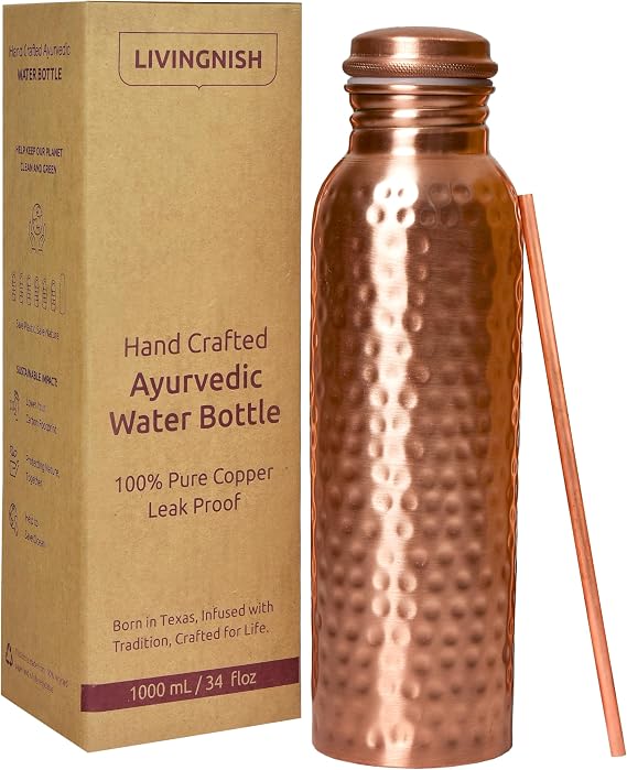 100% Pure Copper Water Bottle for Drinking Hammered 34 OZ