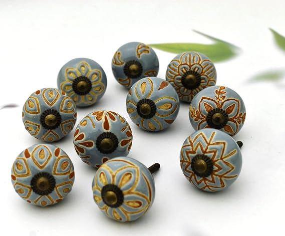 Ceramic Knobs for Cabinets - Set of 10 Decorative Grey and Orange Round Ceramic Knobs Handpainted Boho Home Kitchen Cabinet Drawer Knobs Elegant Wardrobe & Dresser Pulls Housewarming Gift