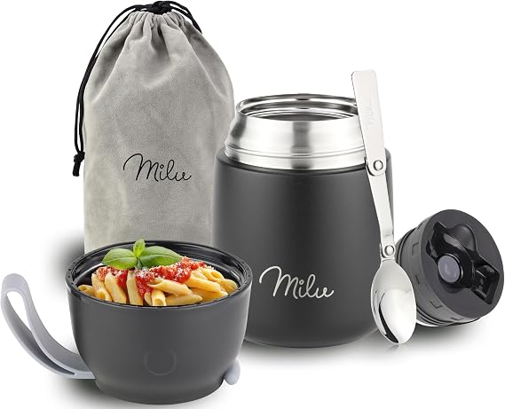 Milu Soup Thermos for hot food | 15oz Insulated Food Container for Kids Adults | Stainless Steel Food Jar with Spoon | 12 Hours Hot : 24 Hours Cold - Black 15 oz