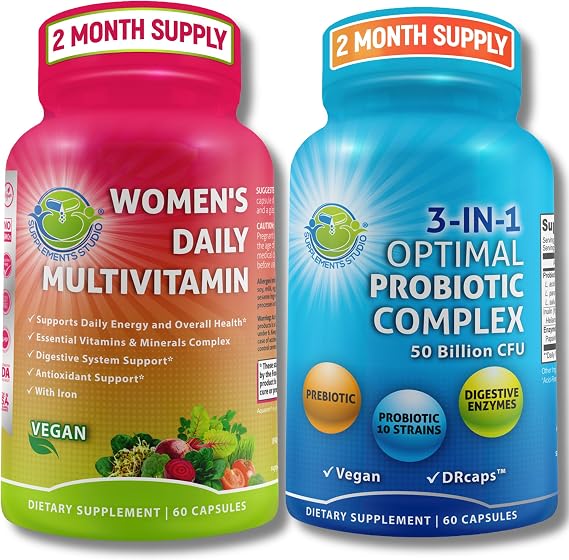 Womens Multivitamin & Probiotic Support Bundle 3-in-1 Probiotic with Digestive Enzymes & Prebiotic & Womens Daily Multivitamin with Iron Vegan, Non-GMO, Clean Daily Wellness Support