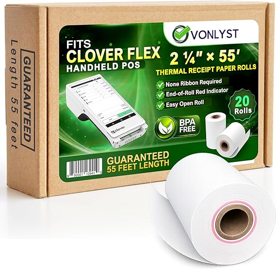 Clover Flex Paper Rolls 2 1/4" x 55 Thermal Receipt Paper 20 Rolls Pack - BPA Free POS Printer & Credit Card Machine Compatible C400 C401 C403 C405 C406